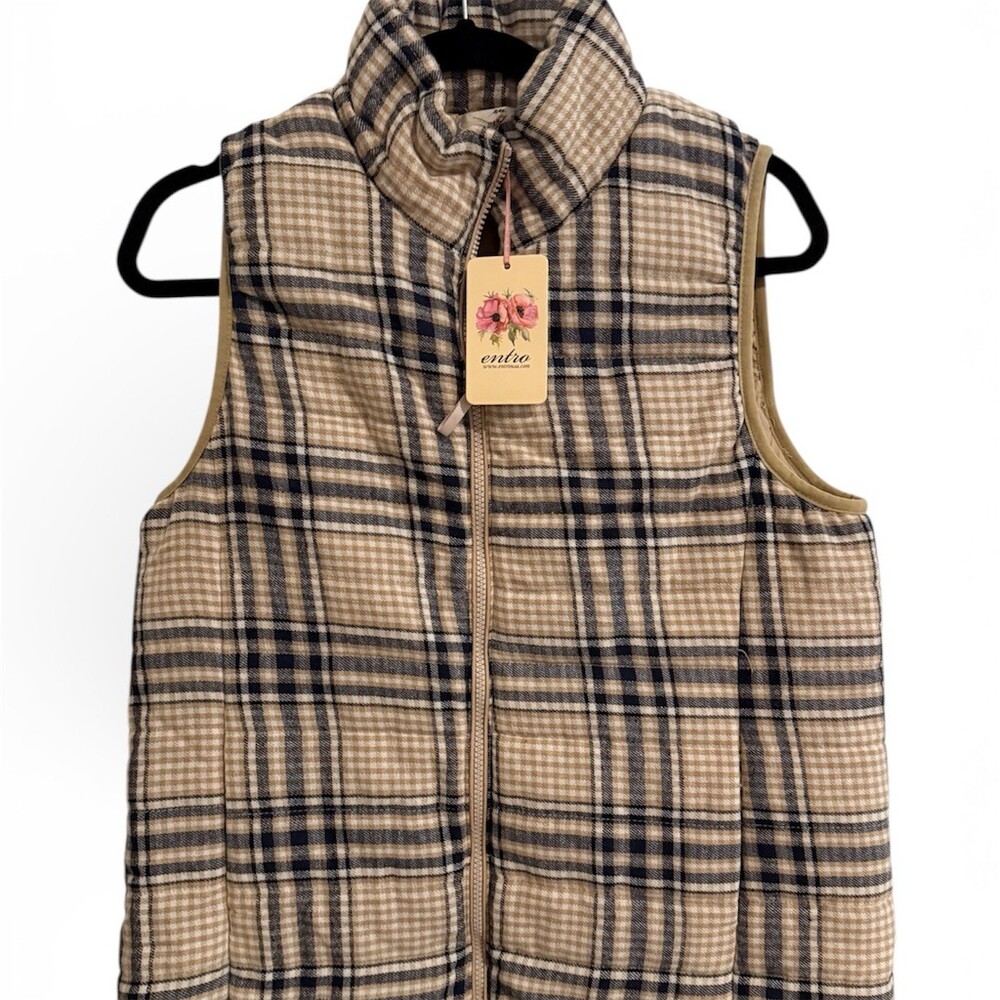 Entro Vest Womens Size M Plaid Puffer Light Taupe & Navy Full Zip w/ Pockets